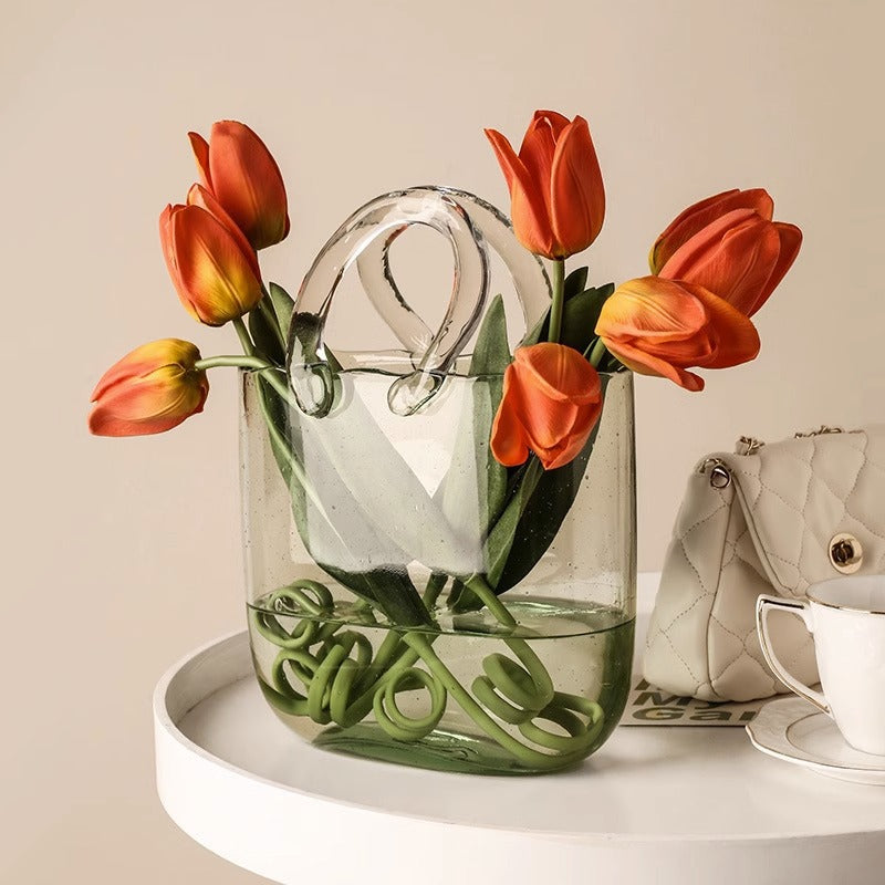 Nordic net red bag, glass vase, portable blue primary color decoration, creative light luxury living room water culture flower arrangement decoration