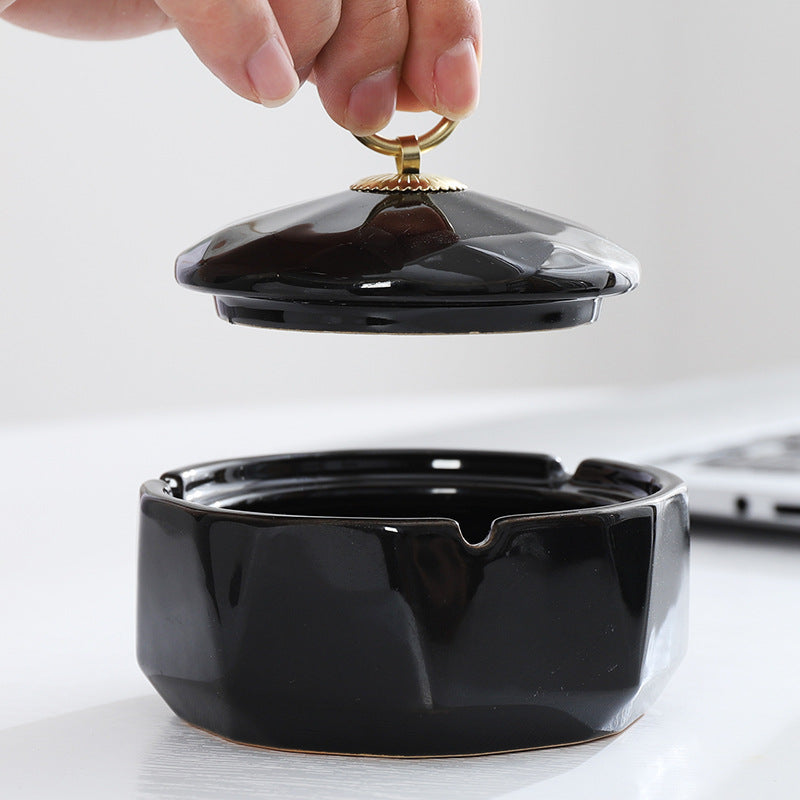 Simple ashtray with lid to prevent fly ash, suitable for home and office use, new Chinese style ceramic living room decoration, creative coffee table.
