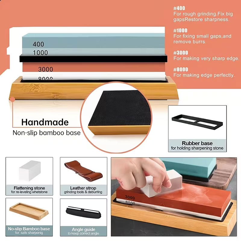 Premium Sharpening Stone - 400# / 1000# 3000# / 8000# Grit - Non-slip Base Knife Sharpener Cutting Tool
