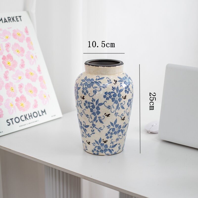 New Chinese style blue and white porcelain ceramic vase vintage ice cracked ornament for living room