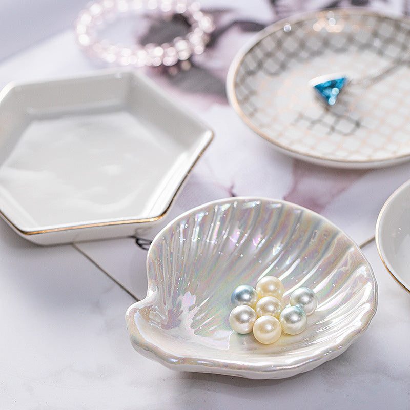 Nordic Ceramic Shell Jewelry Tray, Pearl Glaze Ring Tray, Storage Dish, Bathroom Home Desktop Decor, White Porcelain