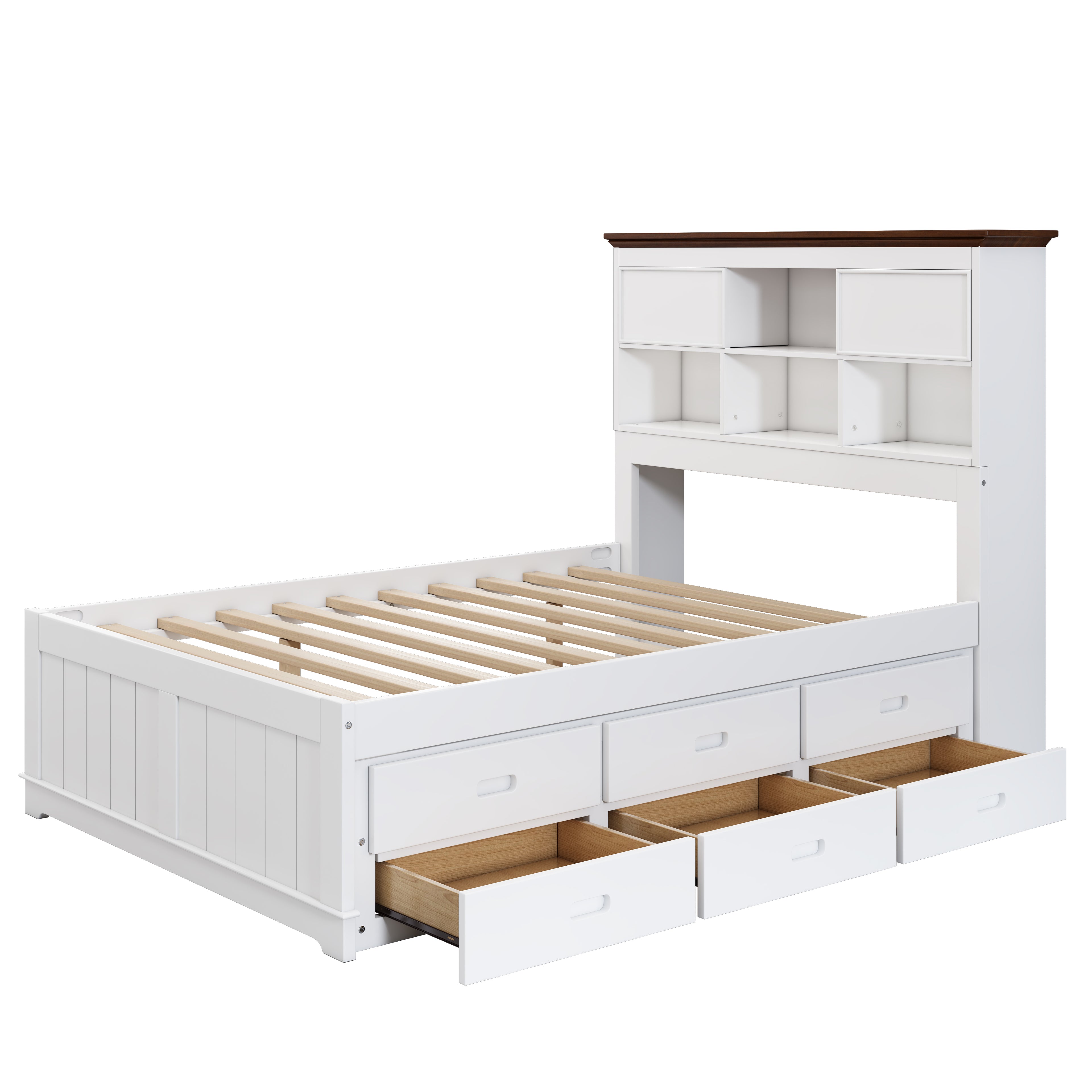 Solid Pine Captain Bookcase Bed with Trundle Bed and 3 Spacious Under Bed Drawers in Casual,Full, White+Walnut - Velora Home Deco