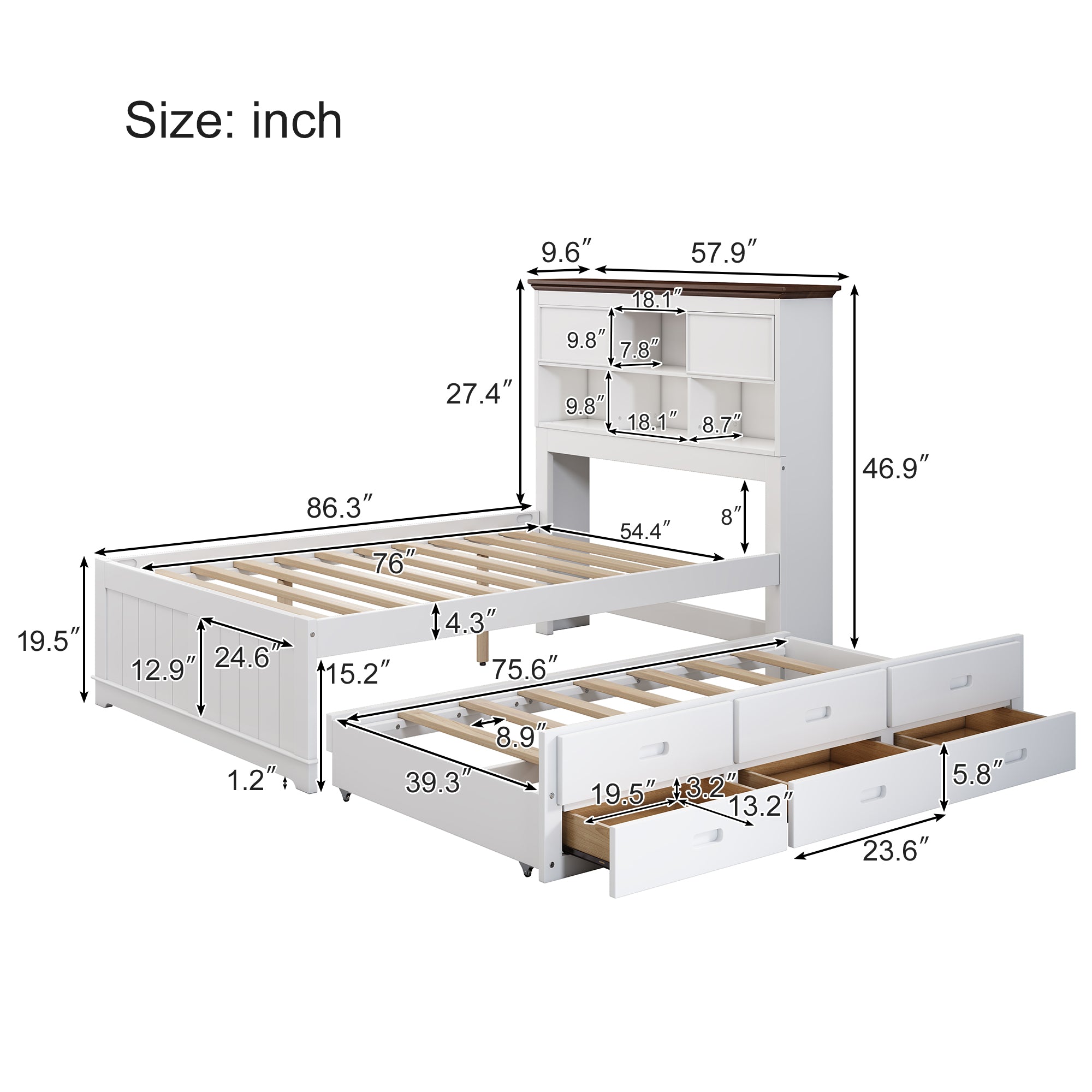 Solid Pine Captain Bookcase Bed with Trundle Bed and 3 Spacious Under Bed Drawers in Casual,Full, White+Walnut - Velora Home Deco