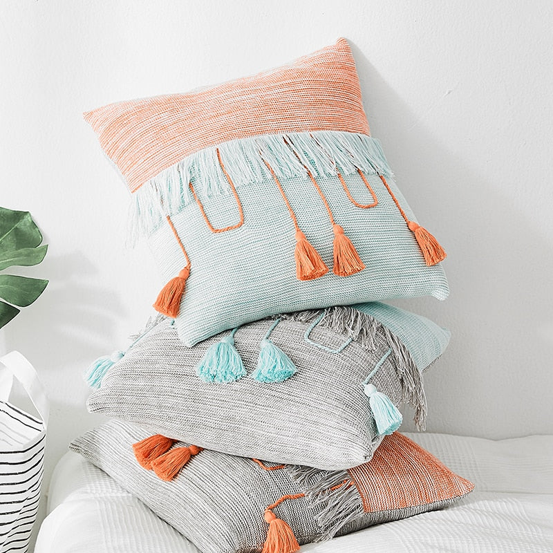 Cable Knit Cushion Cover Vintage Mix color Grey Blue Orange Tassels Pillow Case Soft Home Decor Pillow cover Bohemia Pillow