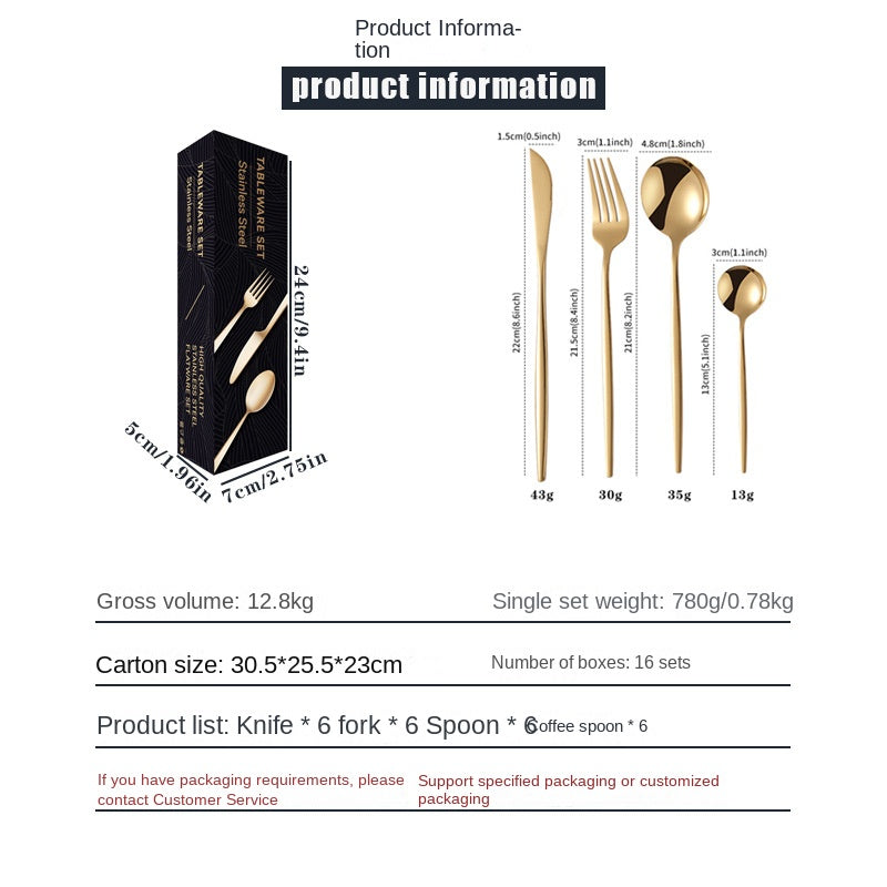 Cutlery Set Stainless Steel Knife Fork Set 24-Piece Tableware Set Golden Steak Knife Fork Spoon 6-Person Set