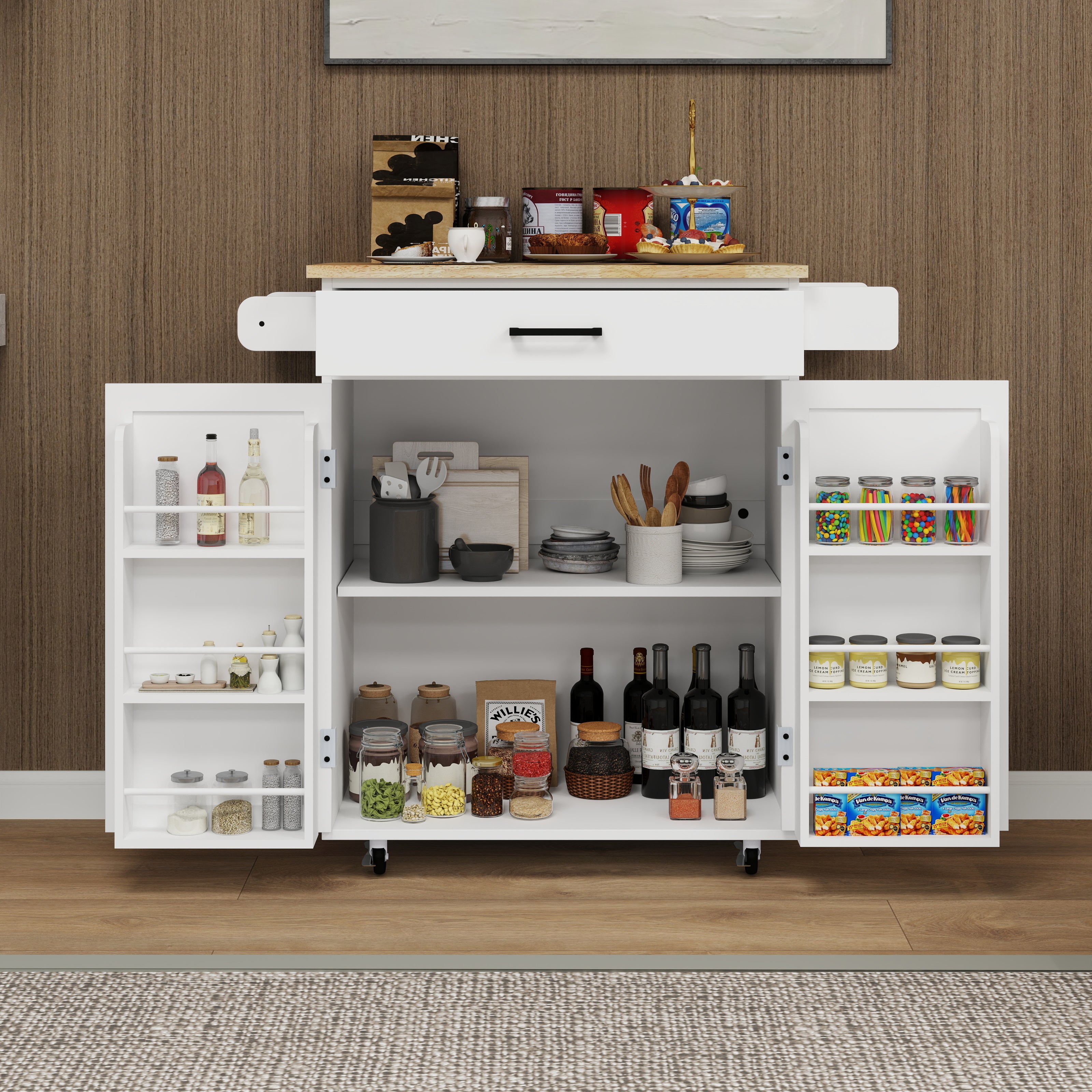 Kitchen island rolling trolley cart with 1 drawer & 2 doors with storage racks & Adjustable Shelves & towel rack - Velora Home Deco