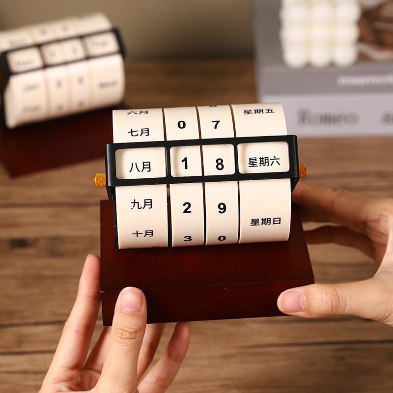 Creative Wooden Desk Calendar with Rotating Perpetual Calendar, Cute Desktop Decor for Office and Home