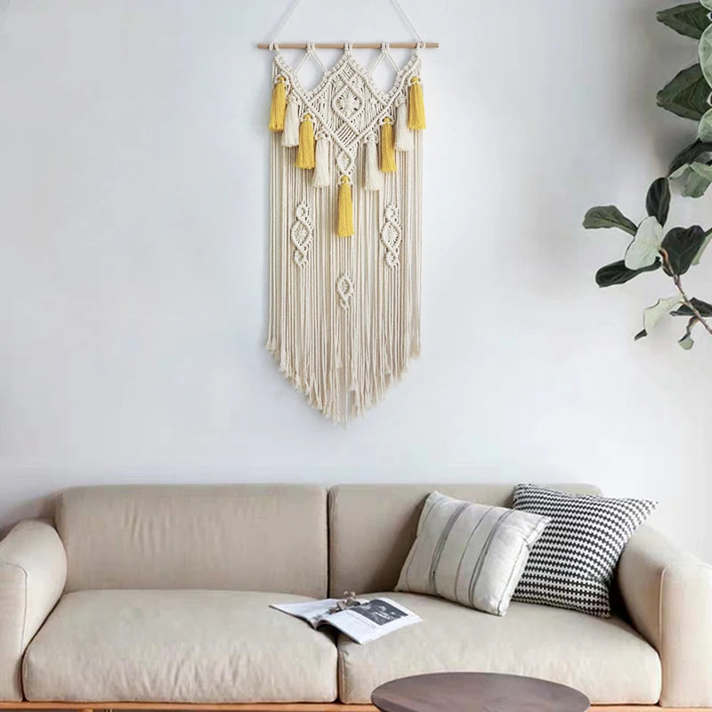 Macrame Wall Hanging Geometric Wall Art Decor Woven Tapestry Bohemian Home Decoration 90cmx45cm Beige and Yellow Large Size - Velora Home Deco