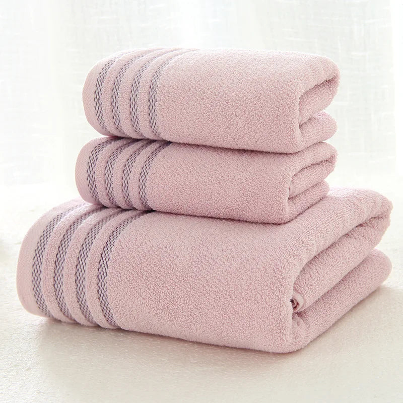 New Stripe Cotton Towel Bath Towel of Three Sets Solid Color Thicken Bathroom Towels Set - Velora Home Deco