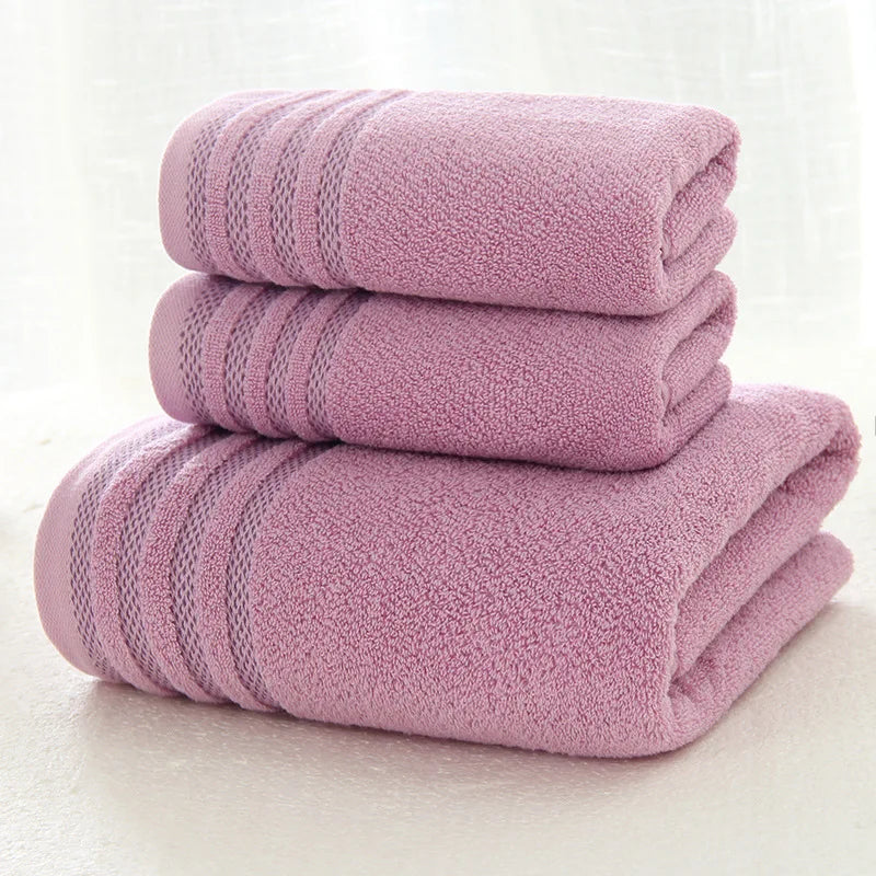 New Stripe Cotton Towel Bath Towel of Three Sets Solid Color Thicken Bathroom Towels Set - Velora Home Deco