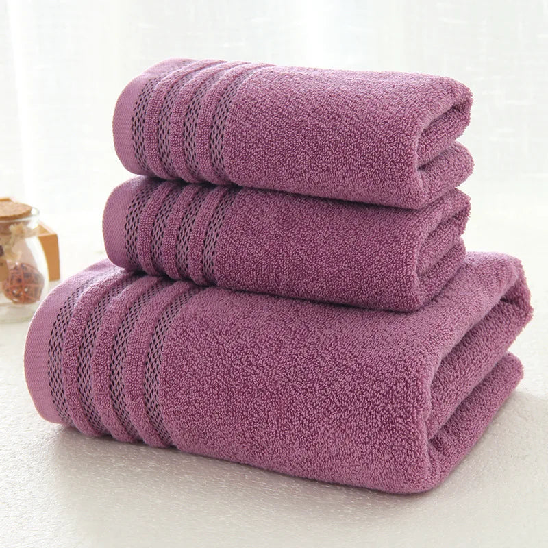 New Stripe Cotton Towel Bath Towel of Three Sets Solid Color Thicken Bathroom Towels Set - Velora Home Deco